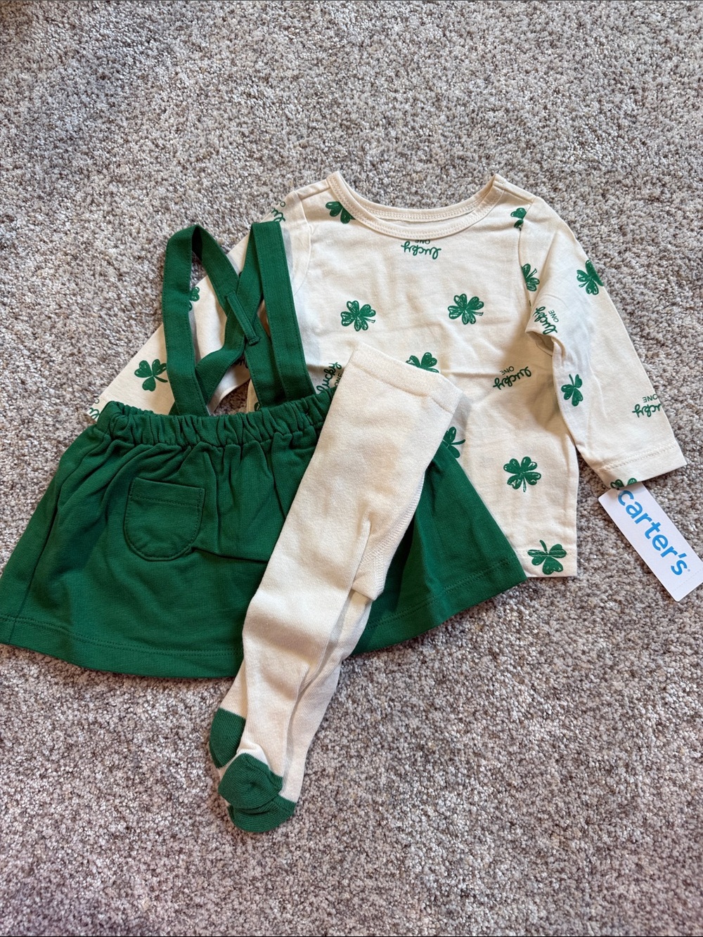 Carter's Green Suspender Skirt Set with Cream Shamrock Top - 3M